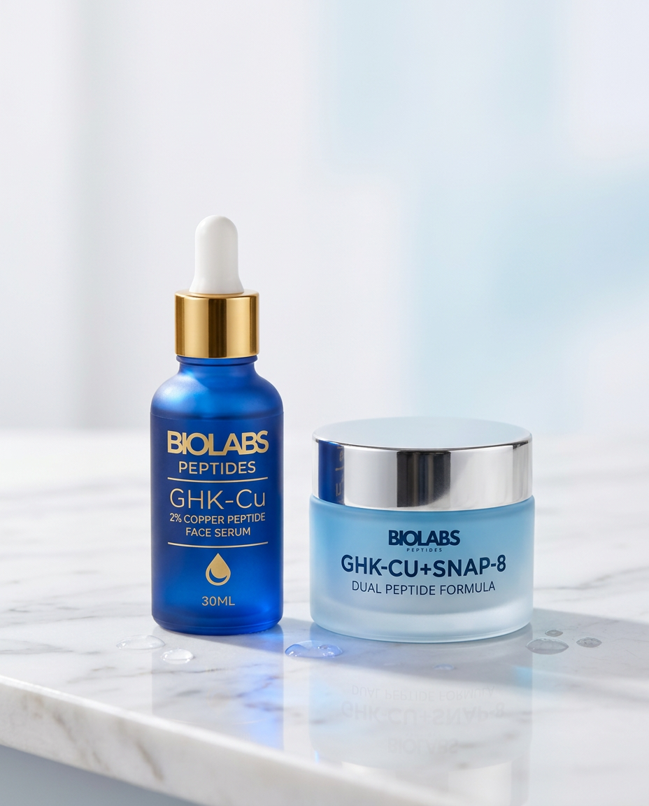 Biolabs Copper Peptide Serum + Cream Duo on marble: 2% GHK-Cu serum and Renewal Cream for pairing with retinol and vitamin C routines