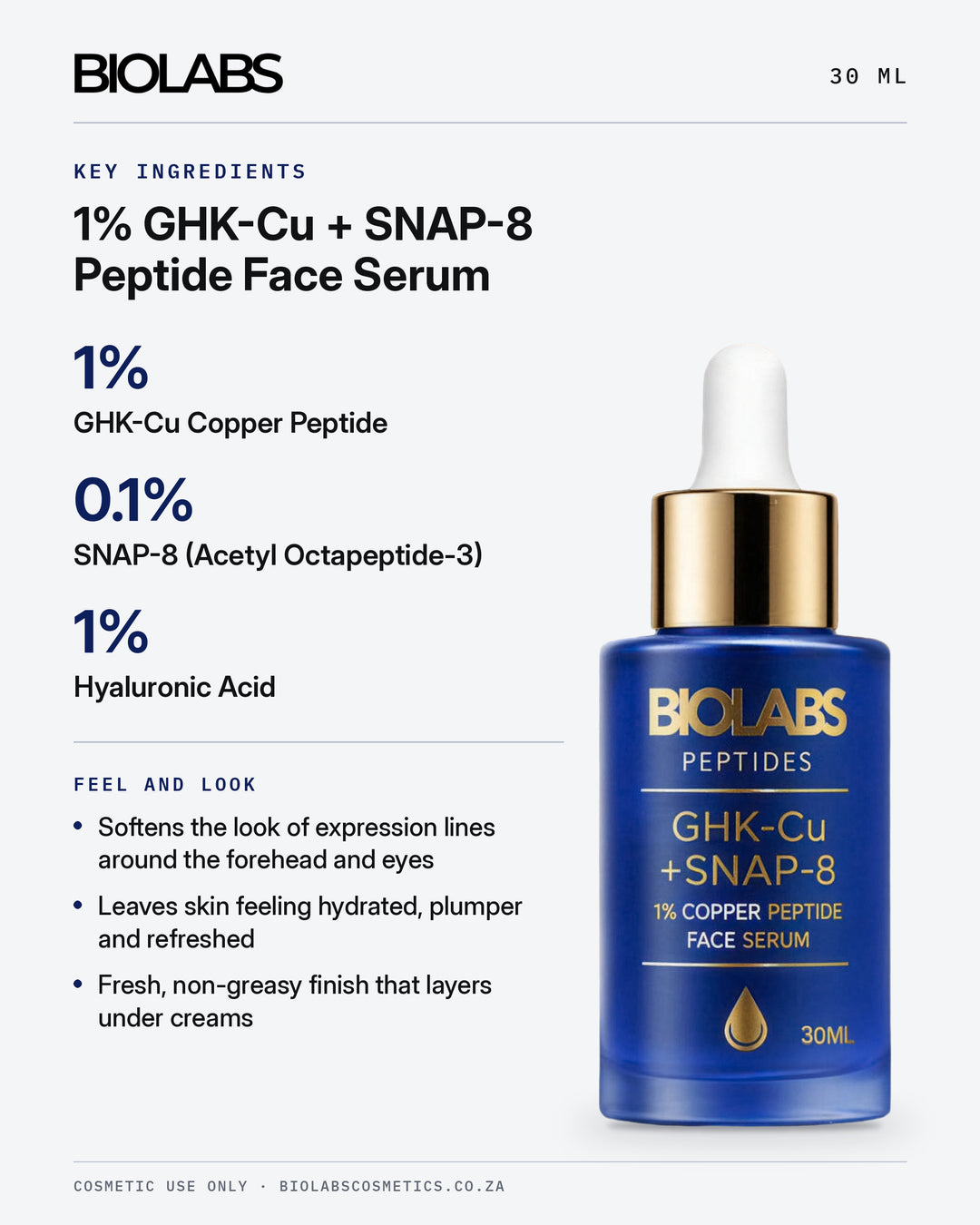 Biolabs 1% GHK-Cu + SNAP-8 Peptide Face Serum with Hyaluronic Acid 30ml key ingredients