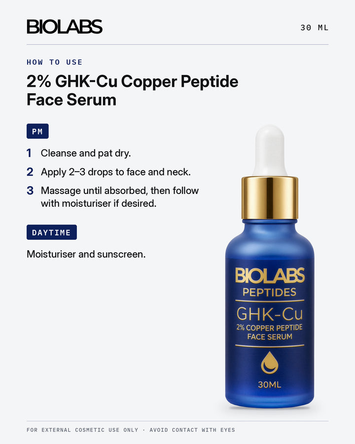 How to use Biolabs 2% GHK-Cu Copper Peptide Face Serum with Hyaluronic Acid 30ml