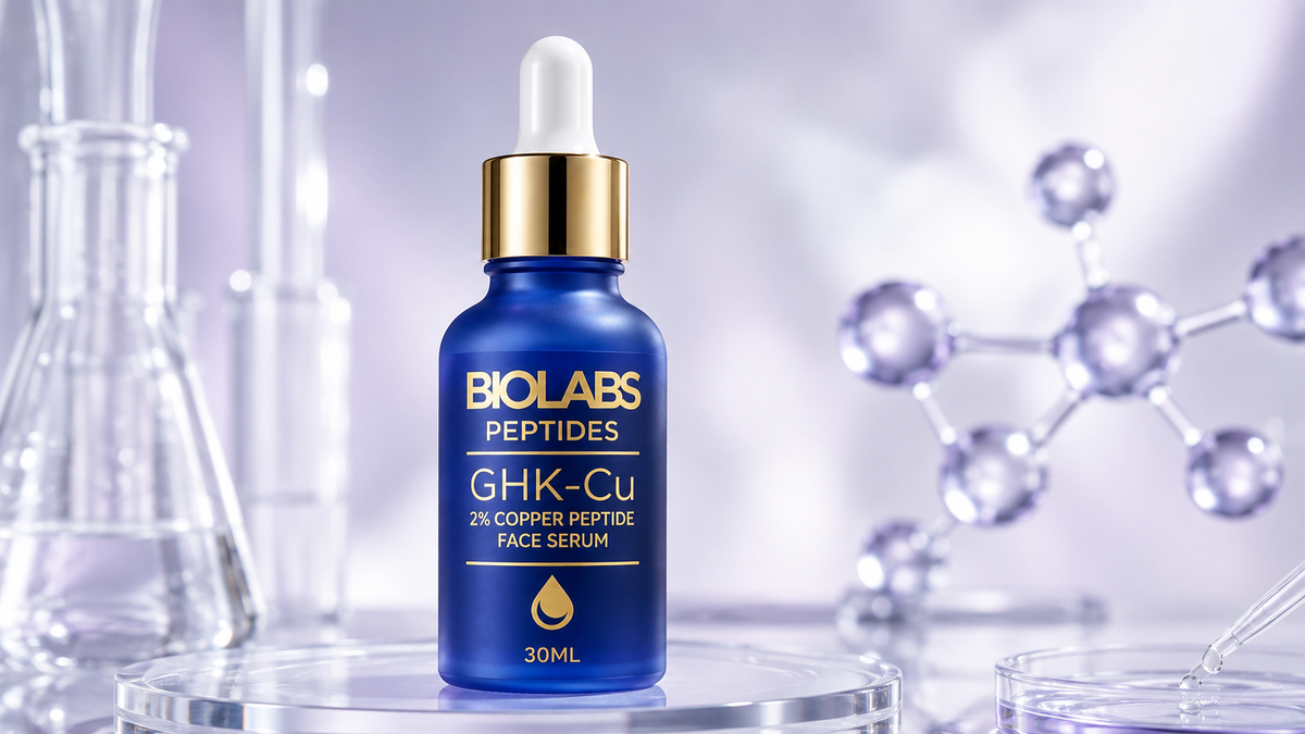 BioLabs 2% GHK-Cu copper peptide face serum, 30 ml blue dropper bottle, on a glass laboratory surface
