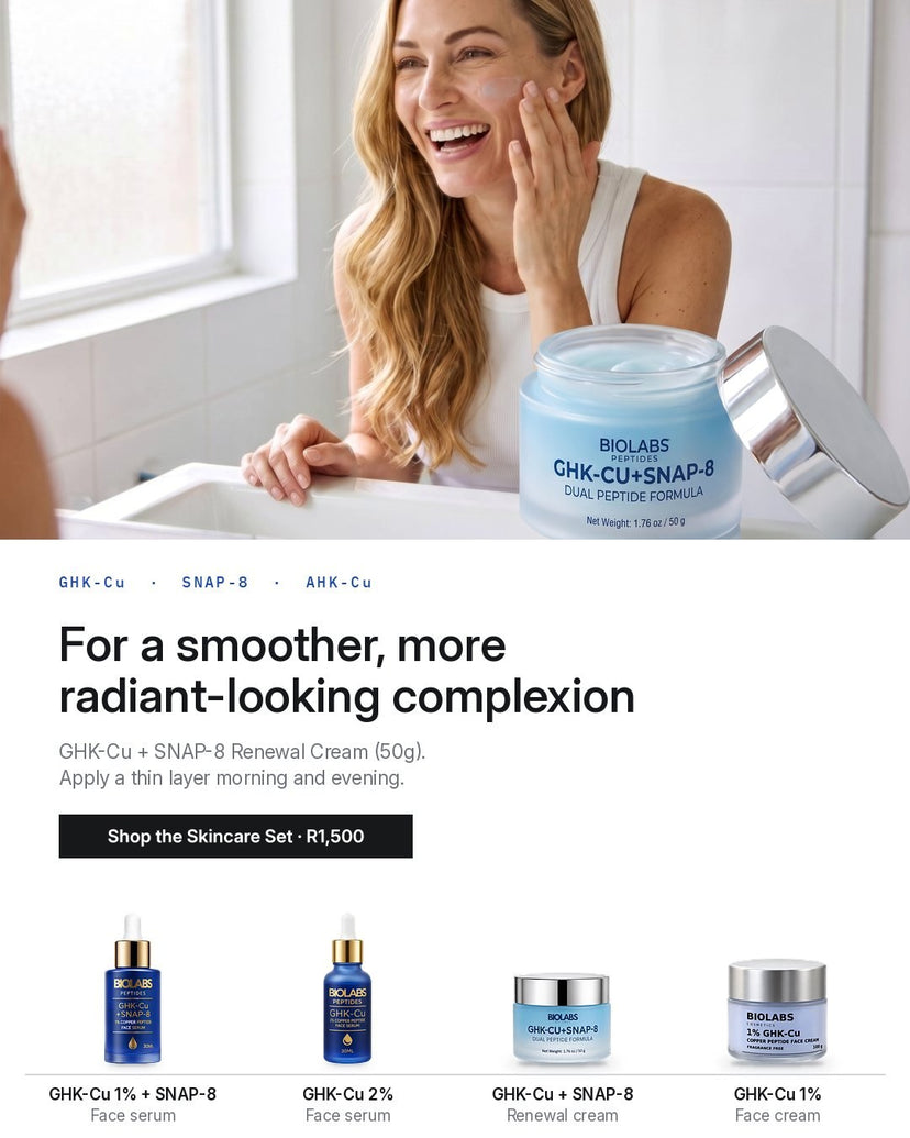 Woman applying Biolabs GHK-Cu + SNAP-8 Renewal Cream at a bathroom mirror