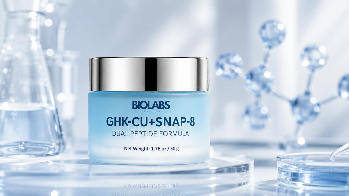 BioLabs GHK-Cu + SNAP-8 dual peptide Renewal Cream jar, 50 g, on a glass laboratory surface