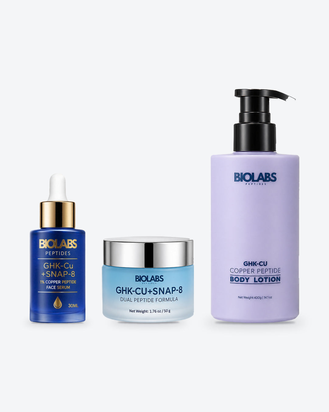 Biolabs Face + Body Set: 1% GHK-Cu + SNAP-8 Face Serum, GHK-Cu + SNAP-8 Renewal Cream and GHK-Cu Copper Peptide Body Lotion