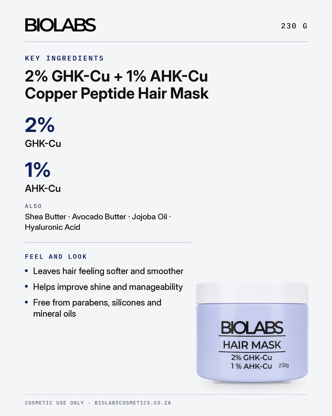 Biolabs 2% GHK-Cu + 1% AHK-Cu Copper Peptide Hair Mask 230g key ingredients