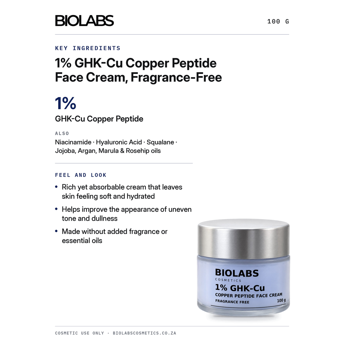 Key ingredients card for Biolabs 1% GHK-Cu face cream: GHK-Cu copper peptide, niacinamide, hyaluronic acid and seed oils
