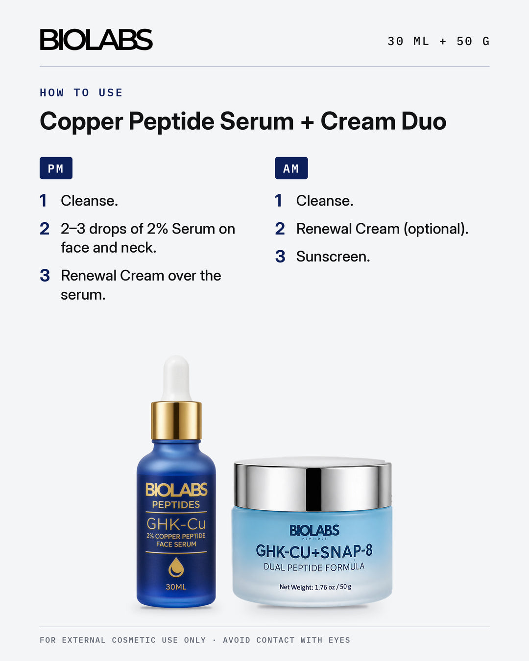 How to use Biolabs GHK-Cu Copper Peptide Skincare Set – 2% Face Serum 30ml + SNAP-8 Renewal Cream