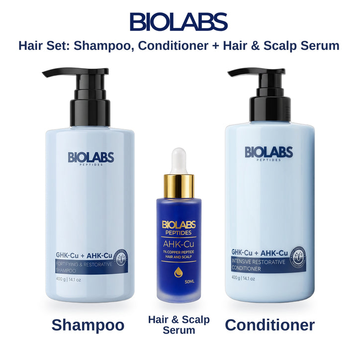 Biolabs Hair Set labelled: Shampoo, Conditioner and Hair &amp; Scalp Serum