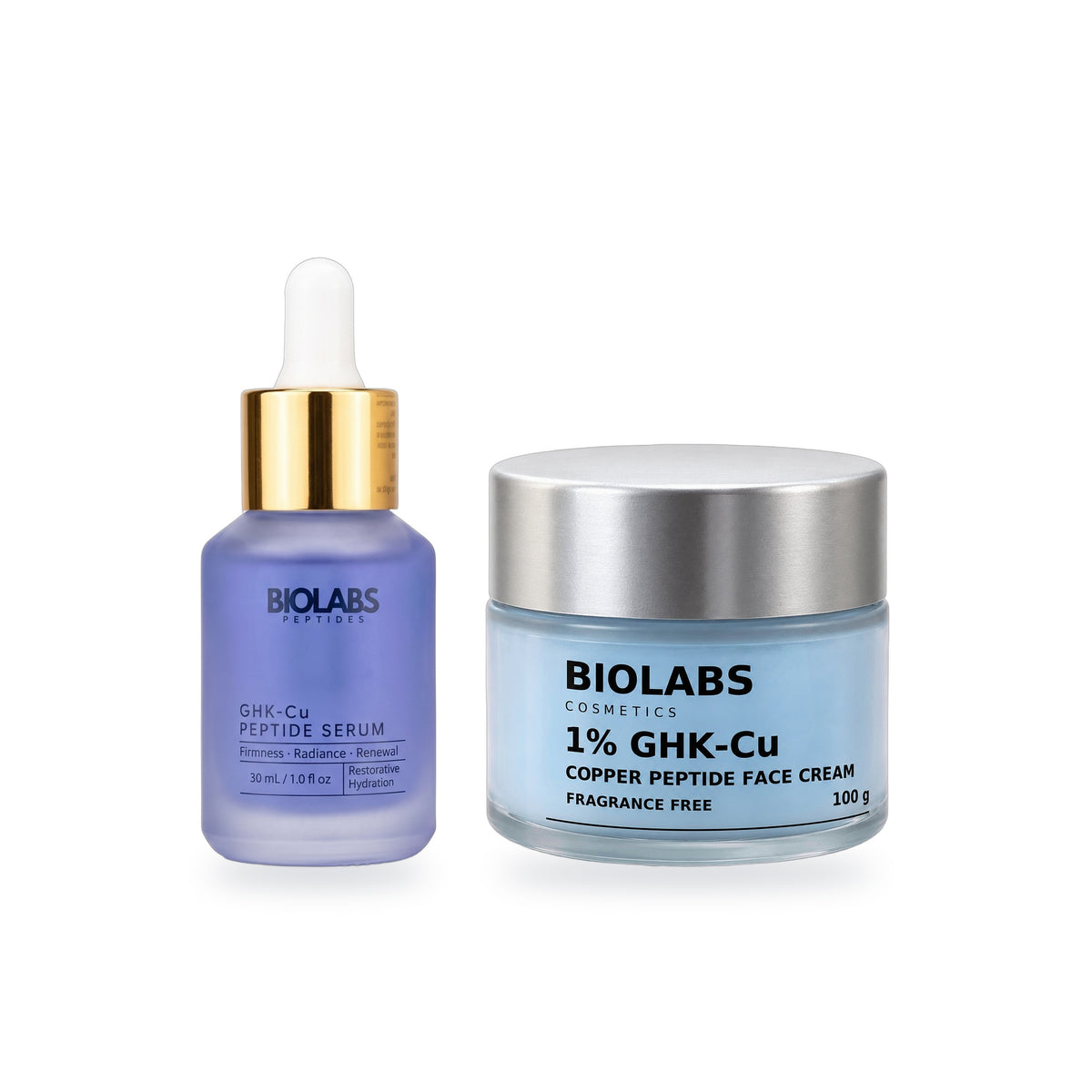 Biolabs Serum + Face Cream Pair: 2% GHK-Cu Peptide Serum and 1% GHK-Cu Fragrance-Free Face Cream